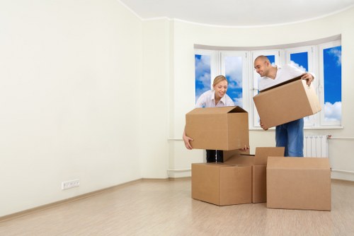 Packed office furniture and equipment ready for relocation