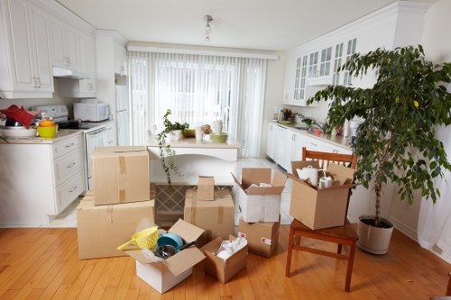 Packed boxes and furniture prepared for removals in Peckham